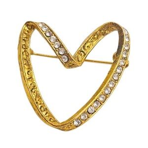 Vintage Gold Tone Rhinestone Engraved Open Heart Brooch